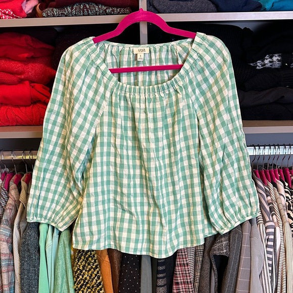 A.N.A. green/white gingham 3/4 sleeve scoop neck top size S - Picture 1 of 3